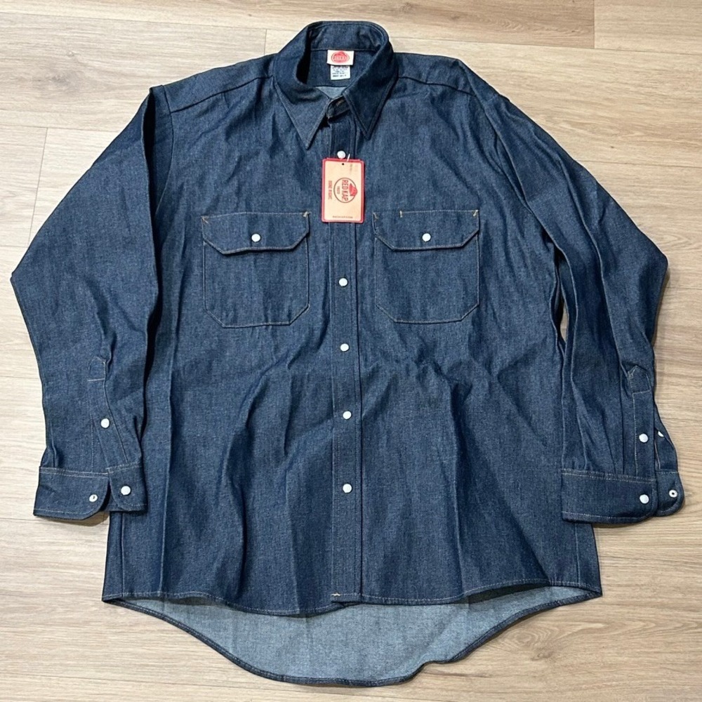 Red Kap Mens Denim Work Shirt Long Sleeve Dark Wash Blue Cotton BBH1 SQ73 R